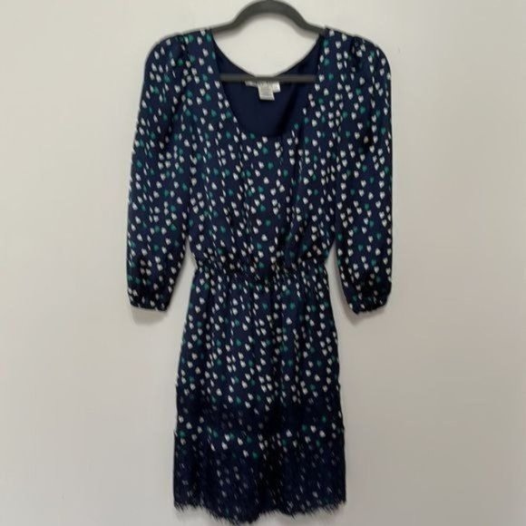 Max Studio Heart Print 3/4 Balloon Sleeve Lace Trim Satin Mini Dress Size XS - Picture 1 of 6